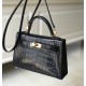 Hermes Kelly Mini II Bag In Black Crocodile Embossed Leather