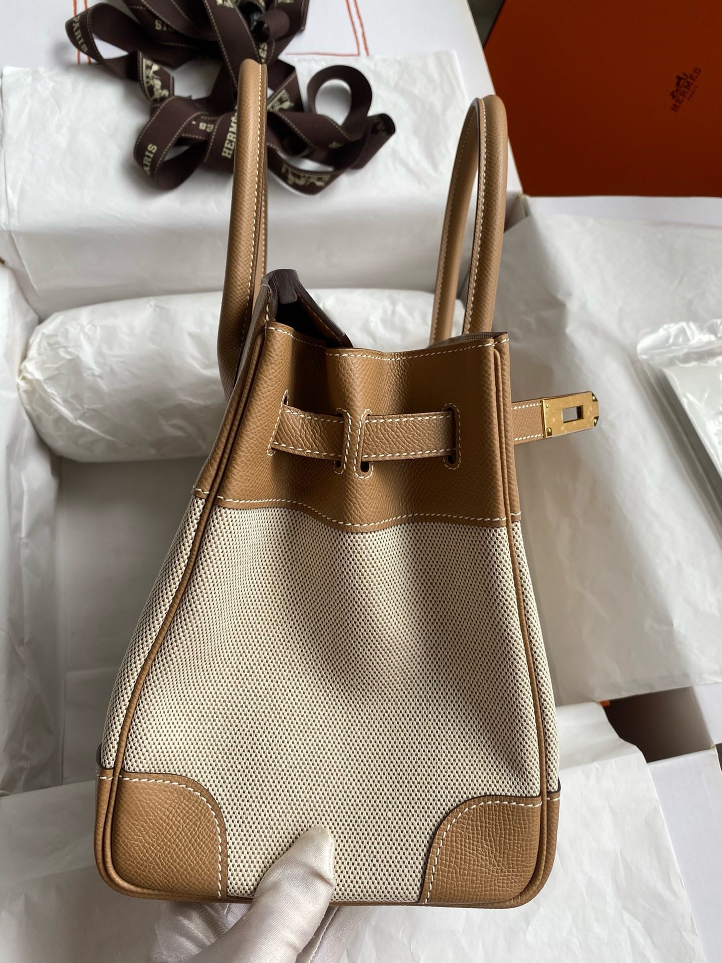 Hermes Birkin 30 Handmade Bag In Toile & Chai Epsom Leather