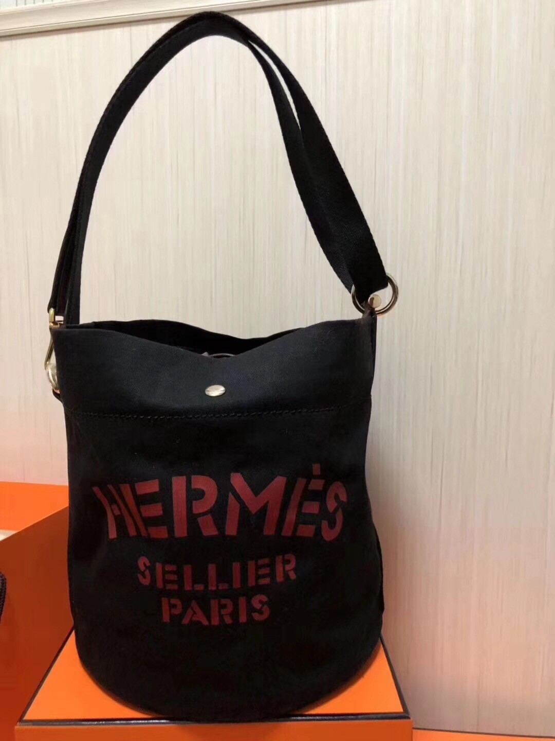 Hermes Grooming Bucket Bag In Black Canvas