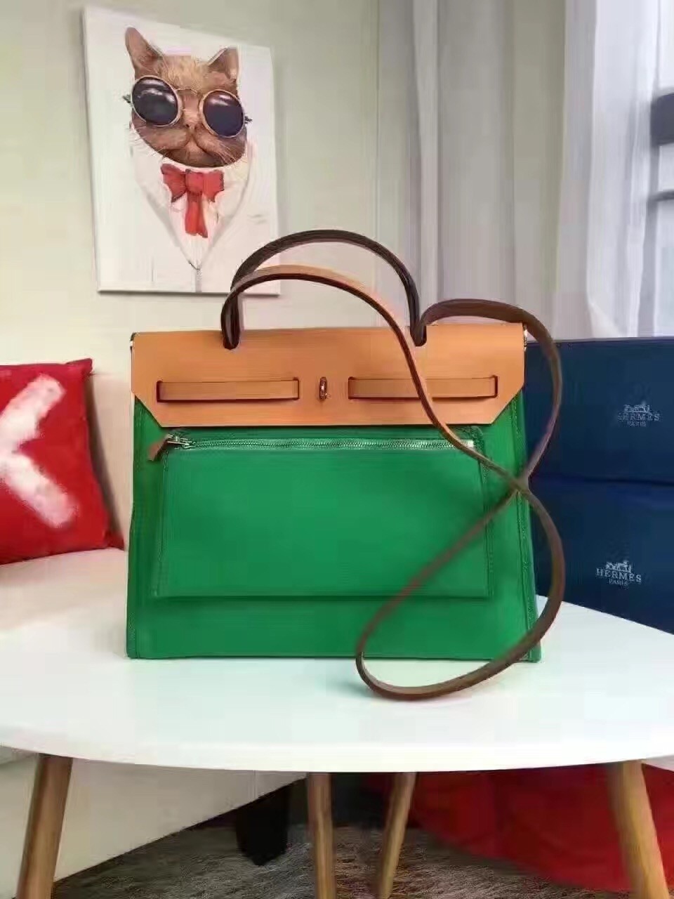 Hermes Herbag Zip PM 31cm Bag In Green Canvas
