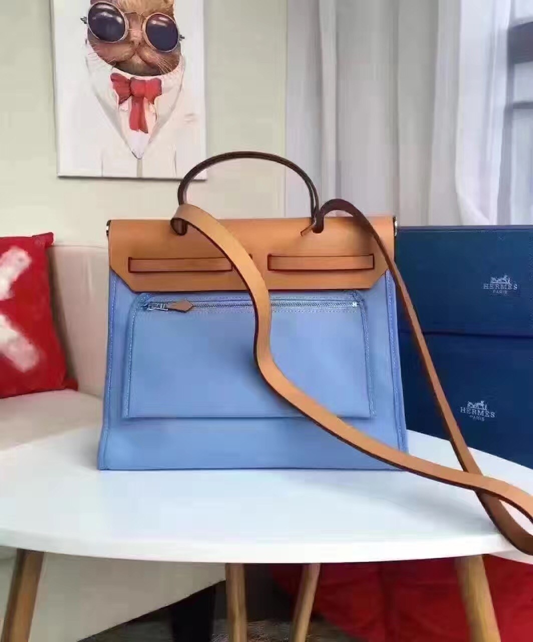 Hermes Herbag Zip PM 31cm Bag In Celeste Canvas