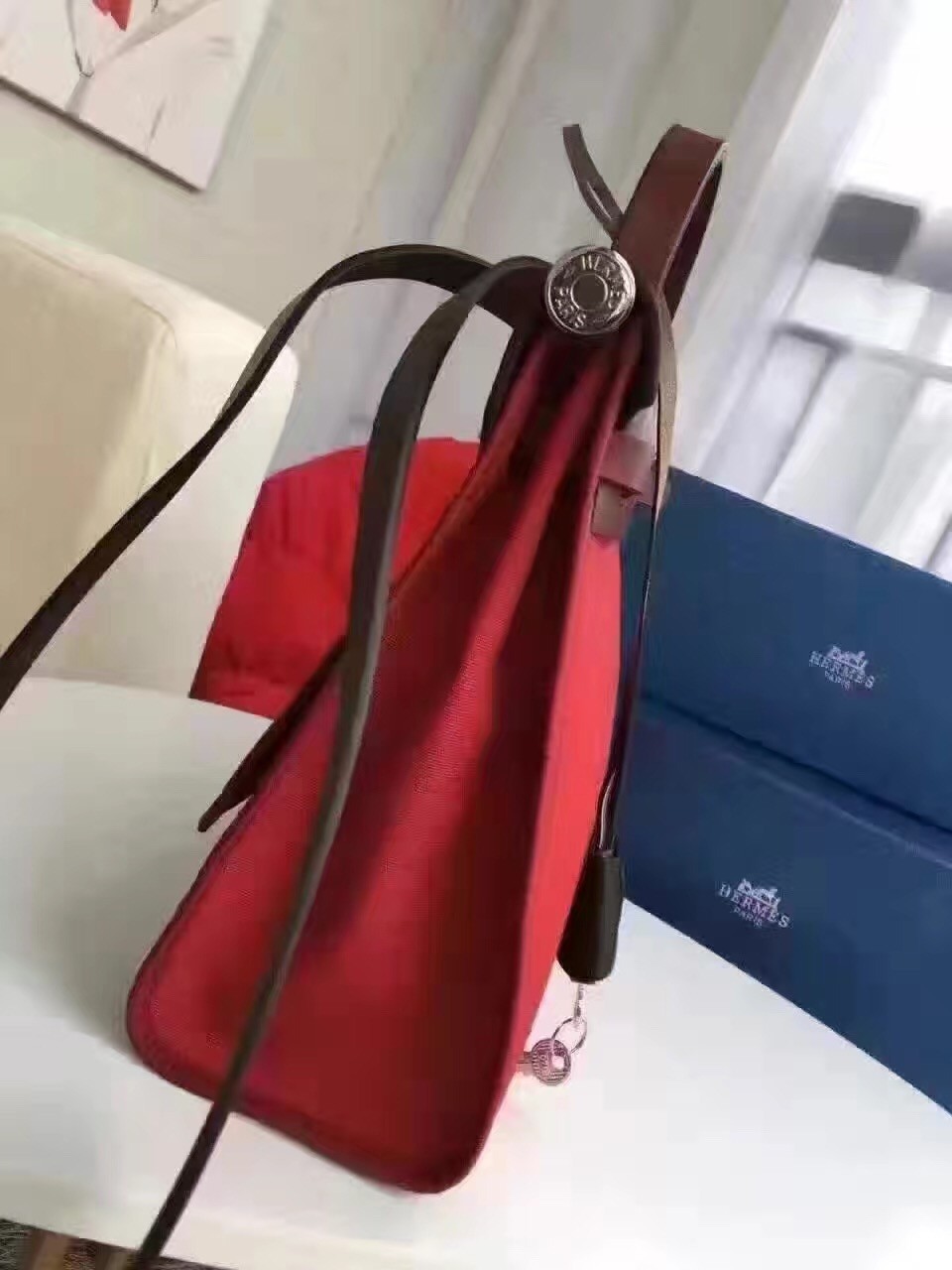 Hermes Herbag Zip PM 31cm Bag In Red Canvas
