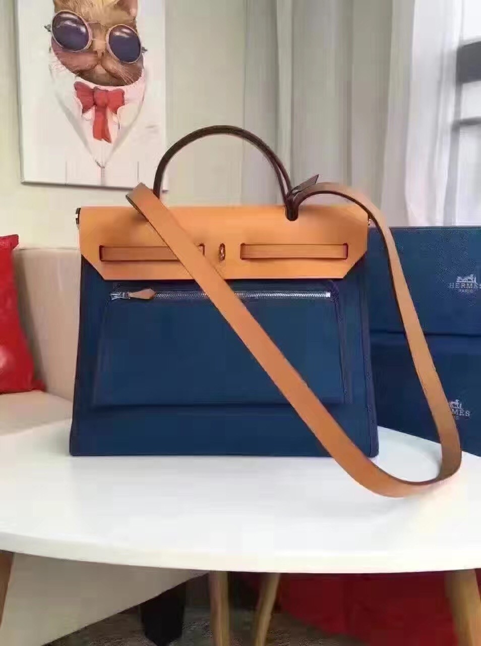 Hermes Herbag Zip PM 31cm Bag In Sapphire Canvas