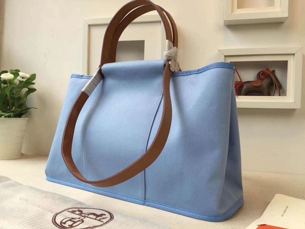 Hermes Cabag Elan Bag In Celeste Canvas