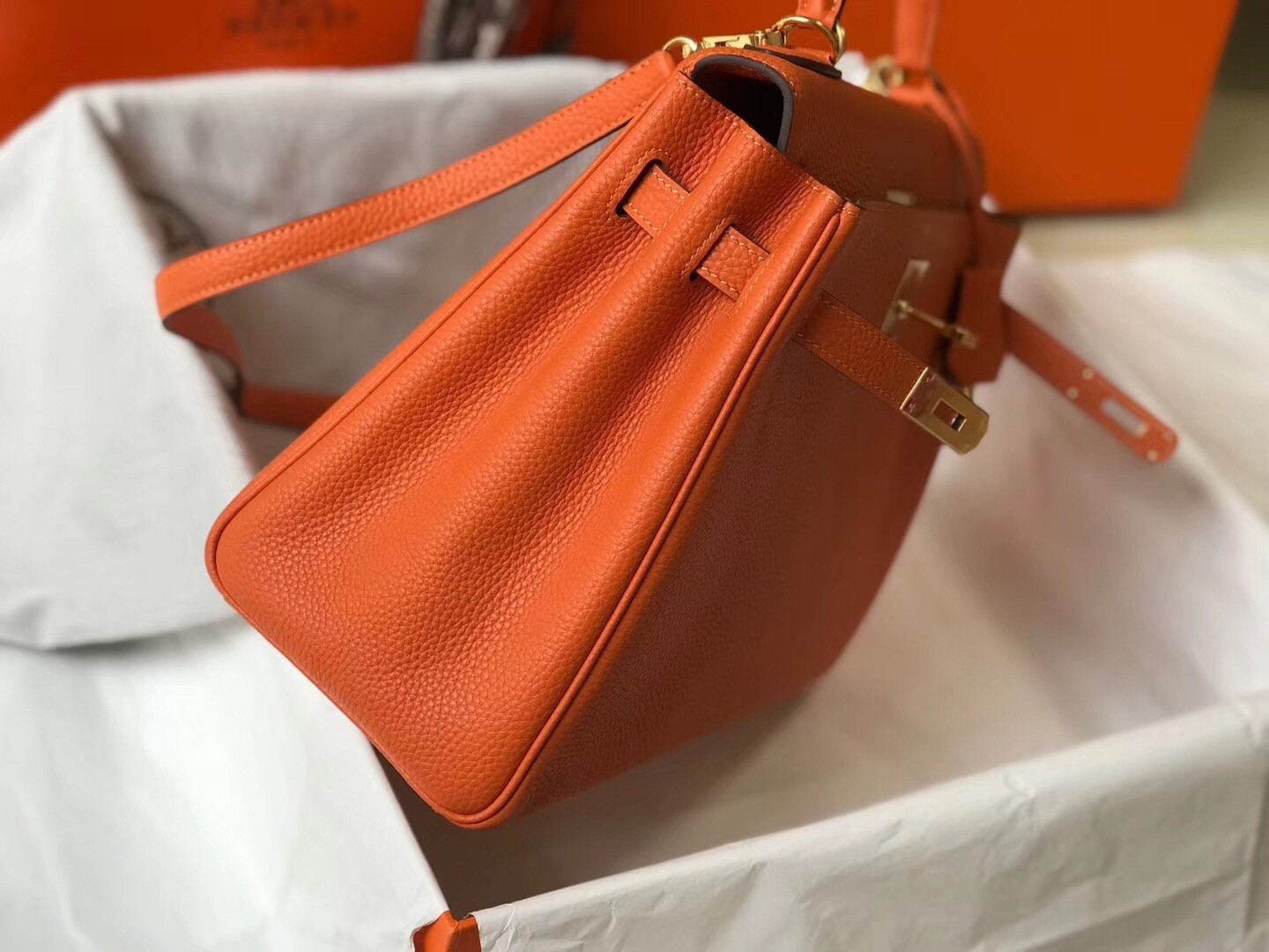 Hermes Orange Clemence Kelly 32cm Retourne Bag