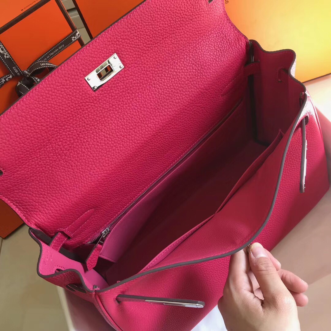 Hermes Rose Red Clemence Kelly 32cm Retourne Bag