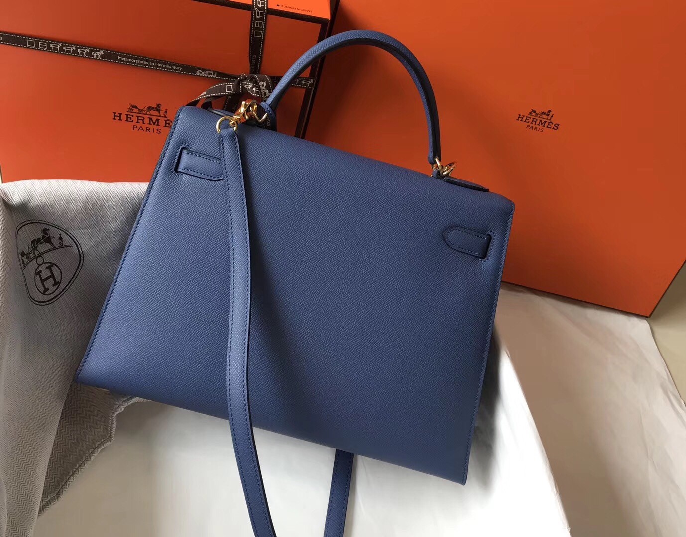 Hermes Bleu Saphir Epsom Kelly 32cm Sellier Handmade Bag