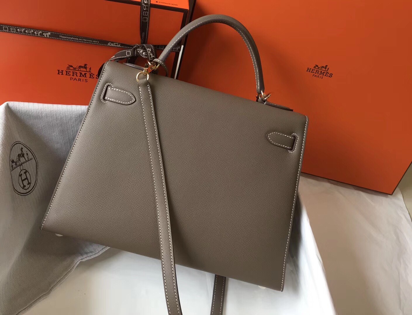 Hermes Taupe Epsom Kelly 32cm Sellier Bag