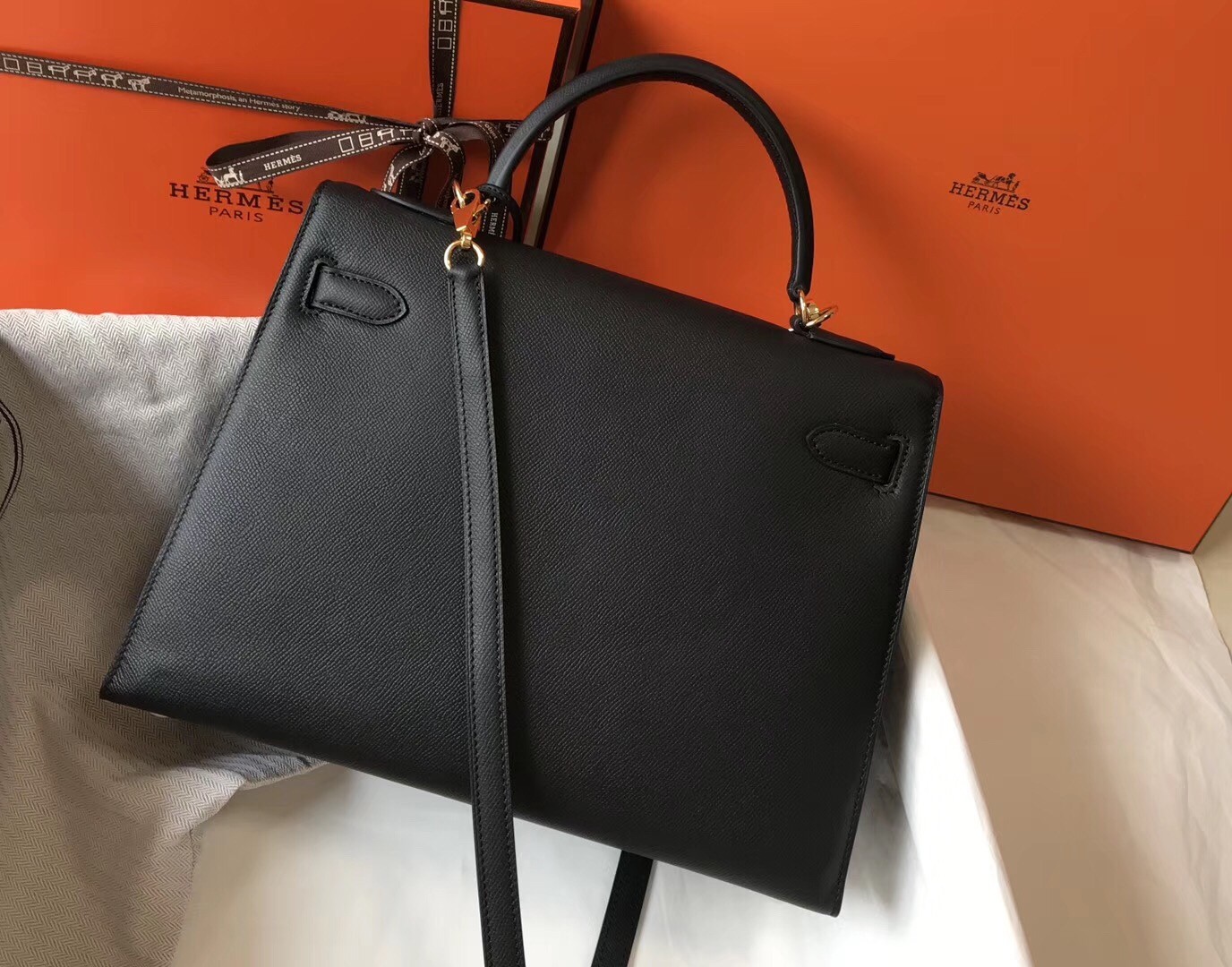 Hermes Black Epsom Kelly 32cm Sellier Bag