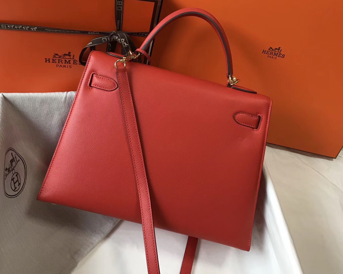 Hermes Red Epsom Kelly 32cm Sellier Bag
