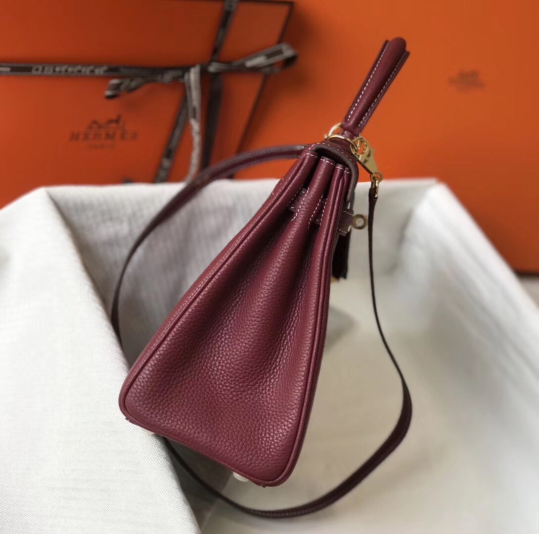 Hermes Bordeaux Clemence Kelly 28cm Bag