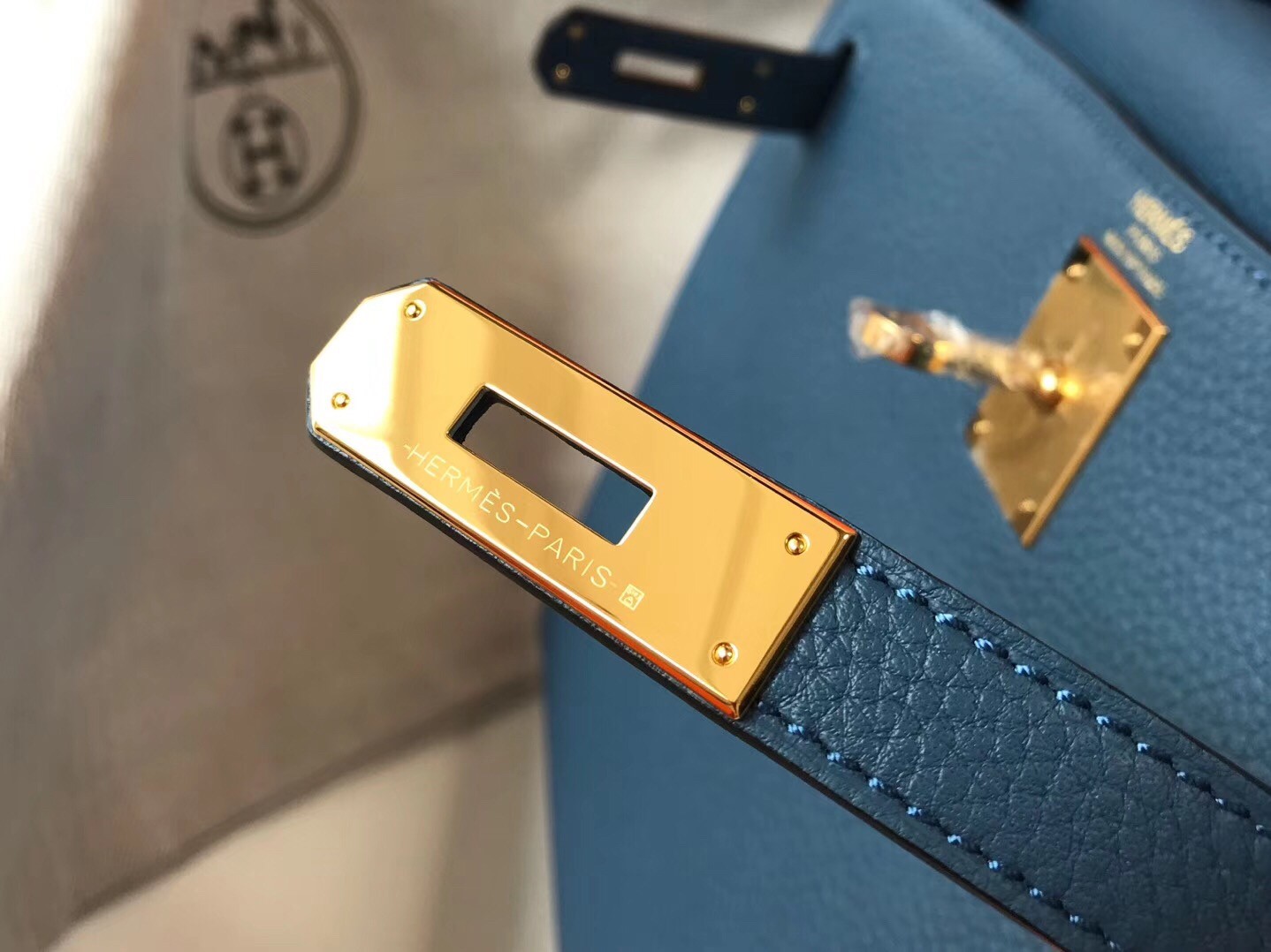 Hermes Blue Agate Clemence Kelly 28cm Bag