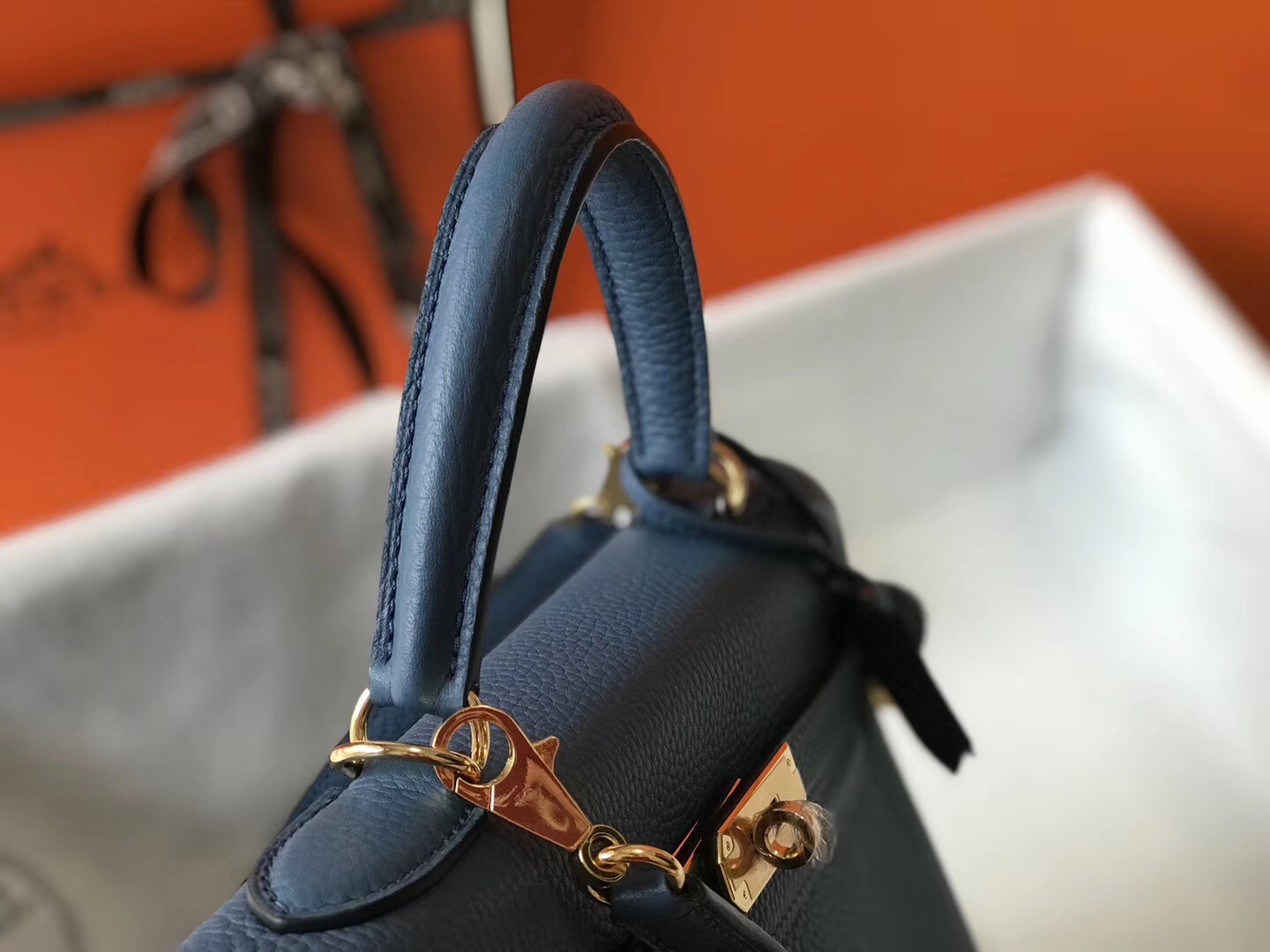 Hermes Blue Agate Clemence Kelly 28cm Bag