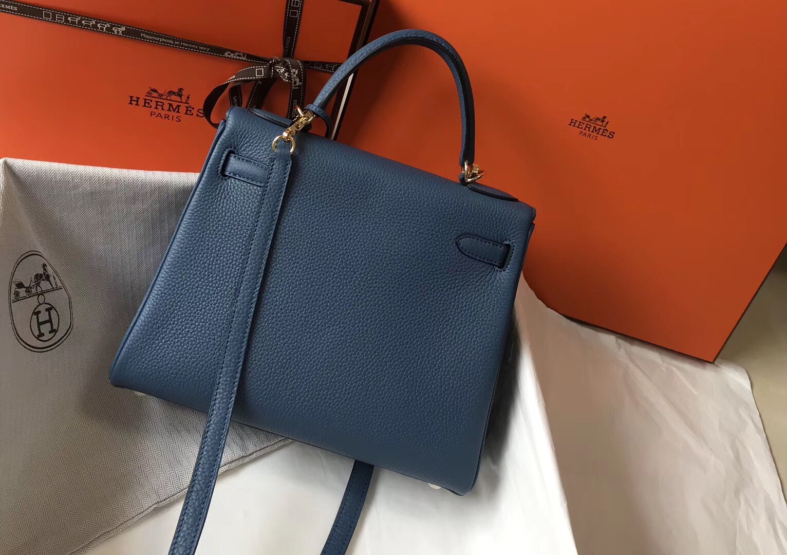 Hermes Blue Agate Clemence Kelly 28cm Bag