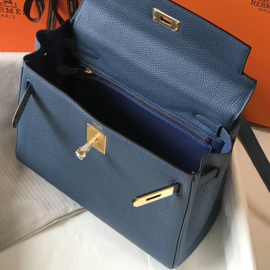 Hermes Blue Agate Clemence Kelly 28cm Bag