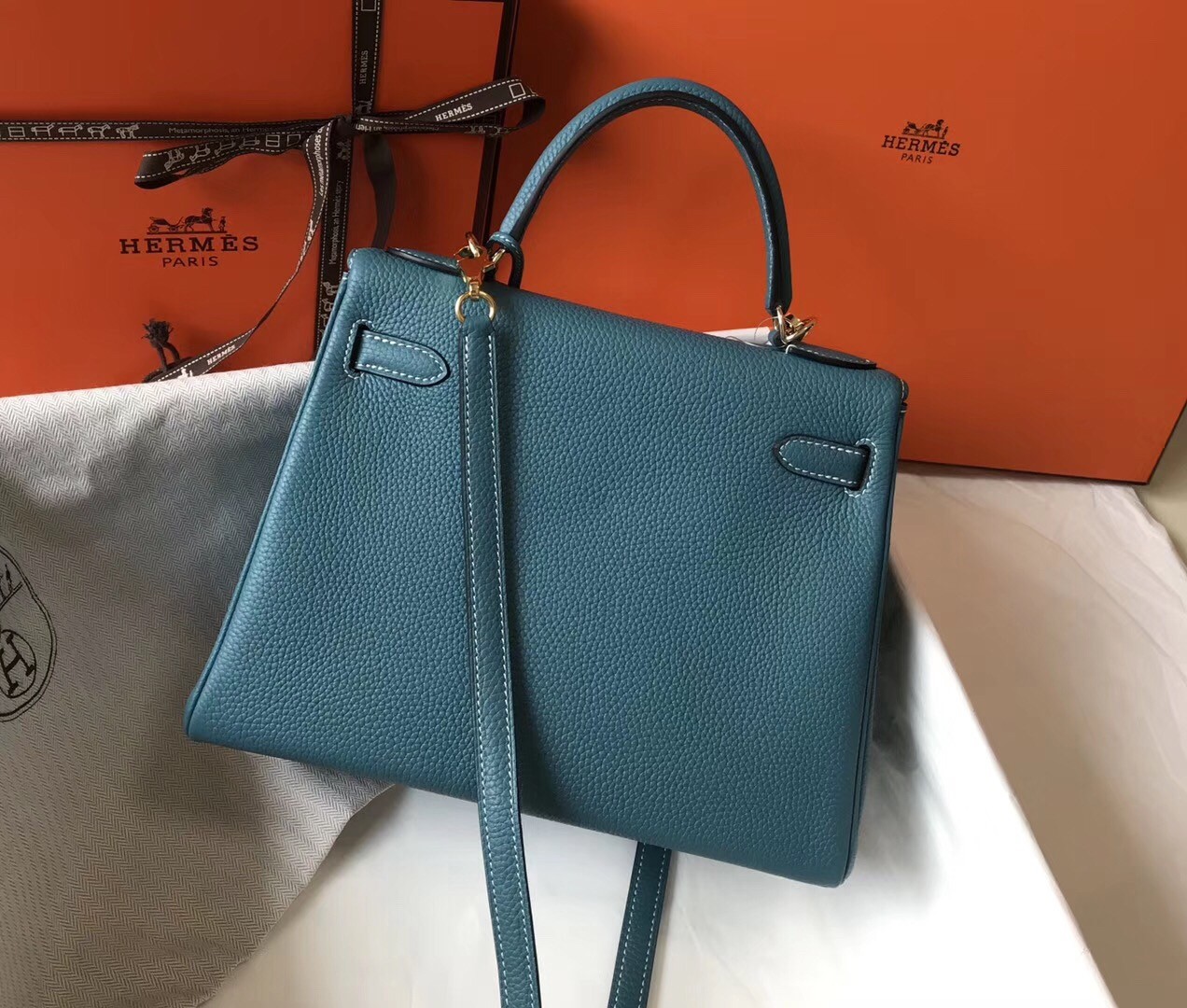 Hermes Blue Jean Clemence Kelly 28cm Bag
