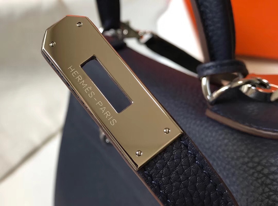 Hermes Navy Blue Clemence Kelly 28cm Bag