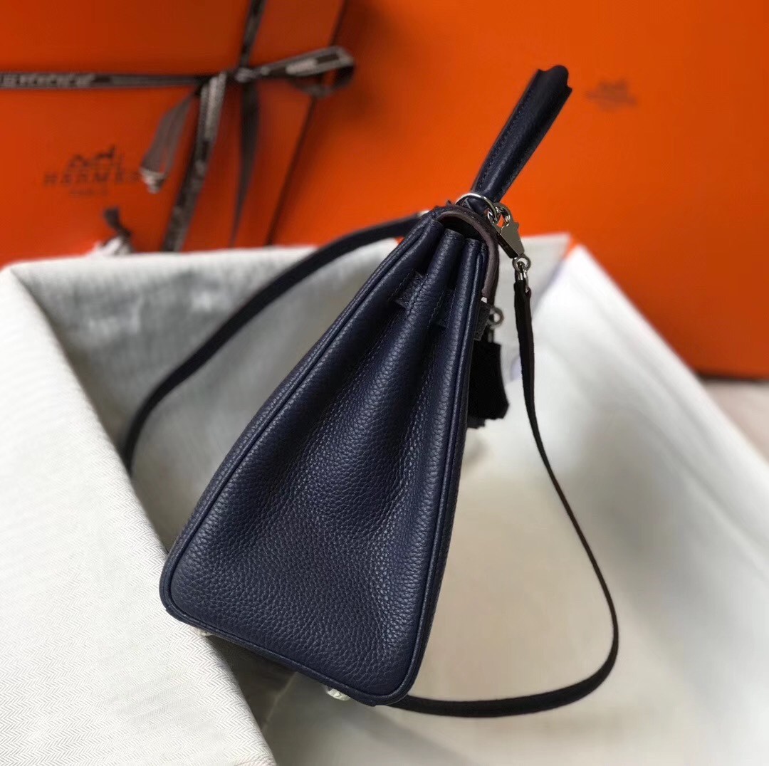 Hermes Navy Blue Clemence Kelly 28cm Bag