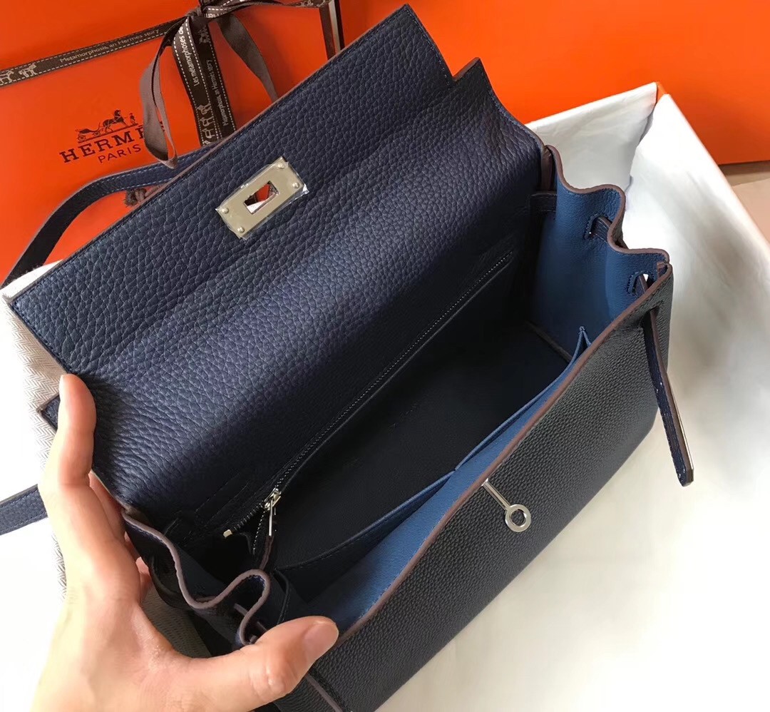 Hermes Navy Blue Clemence Kelly 28cm Bag