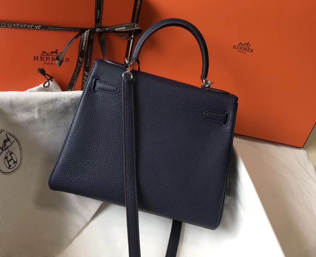 Hermes Navy Blue Clemence Kelly 28cm Bag