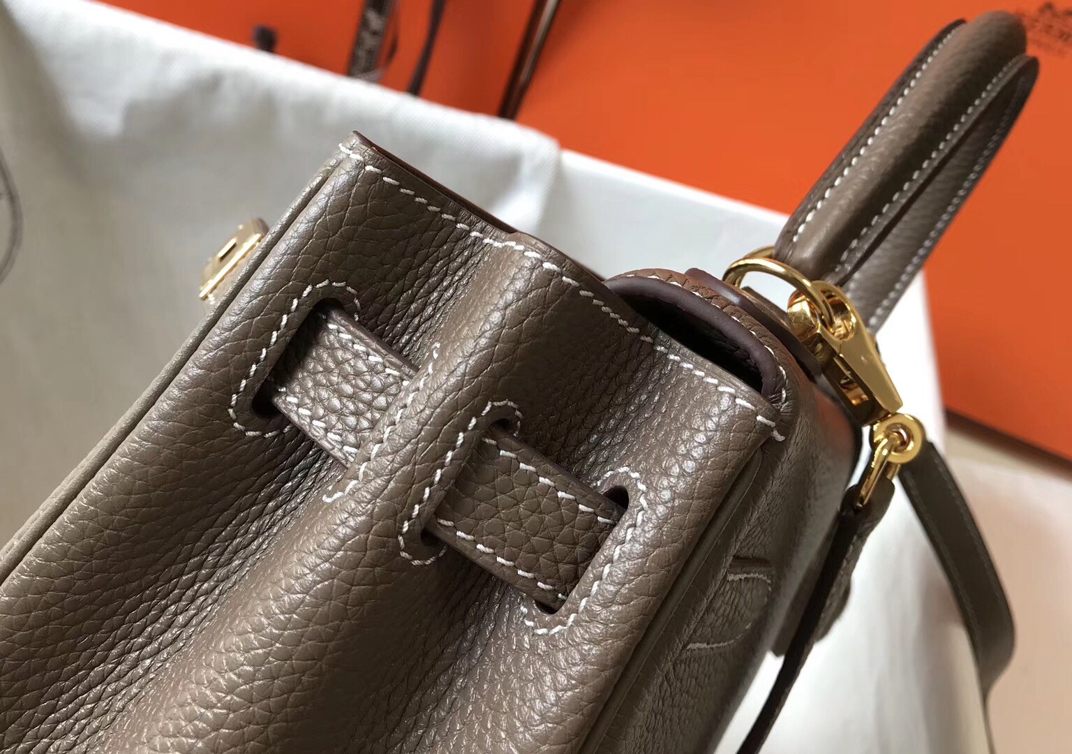 Hermes Taupe Clemence Kelly 28cm Bag