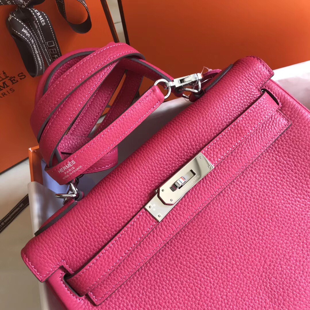 Hermes Rose Red Clemence Kelly 28cm Bag