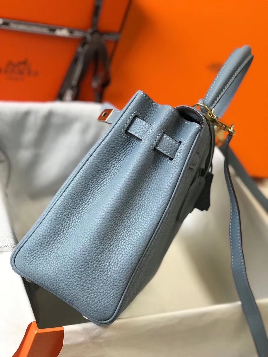 Hermes Blue Lin Clemence Kelly 25cm GHW Bag