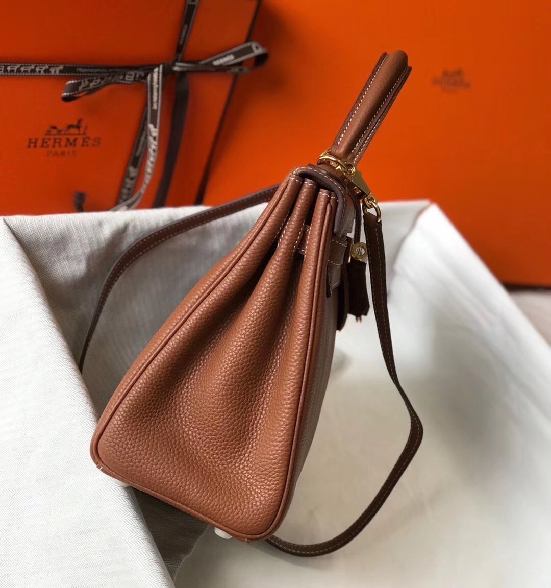 Hermes Brown Clemence Kelly 25cm GHW Bag