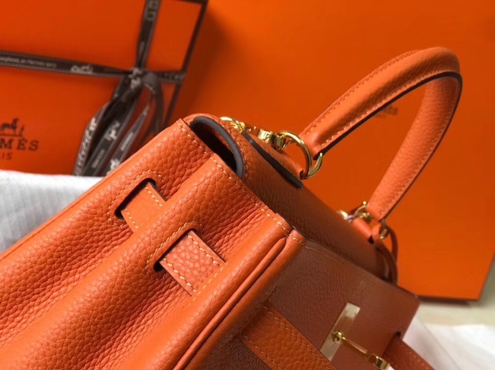 Hermes Orange Clemence Kelly 25cm GHW Bag