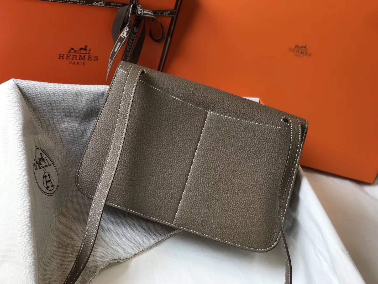 Hermes Halzan Bag In Etoupe Clemence Leather