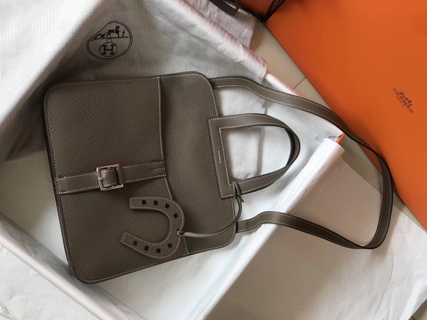 Hermes Halzan Bag In Etoupe Clemence Leather