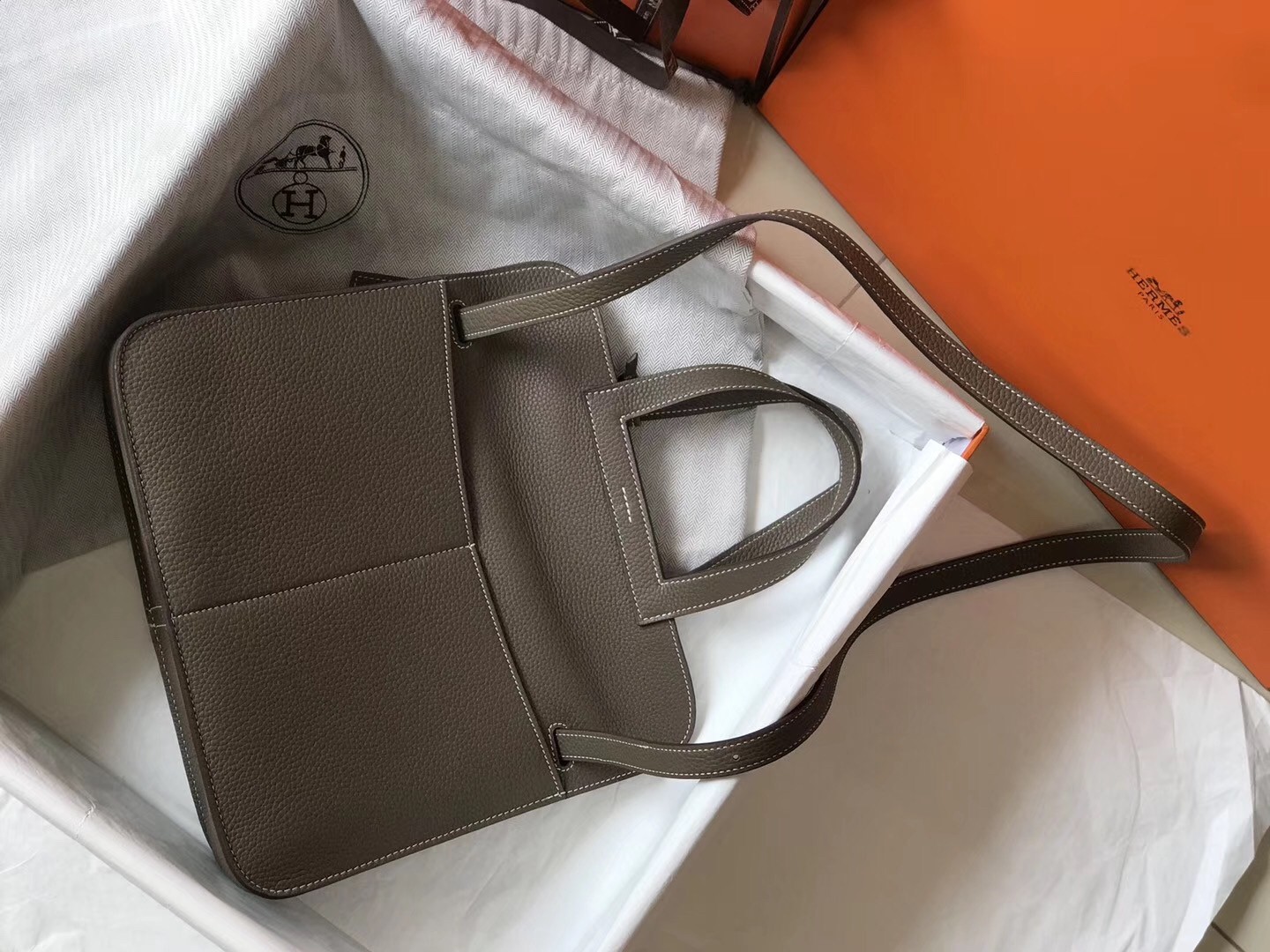Hermes Halzan Bag In Etoupe Clemence Leather