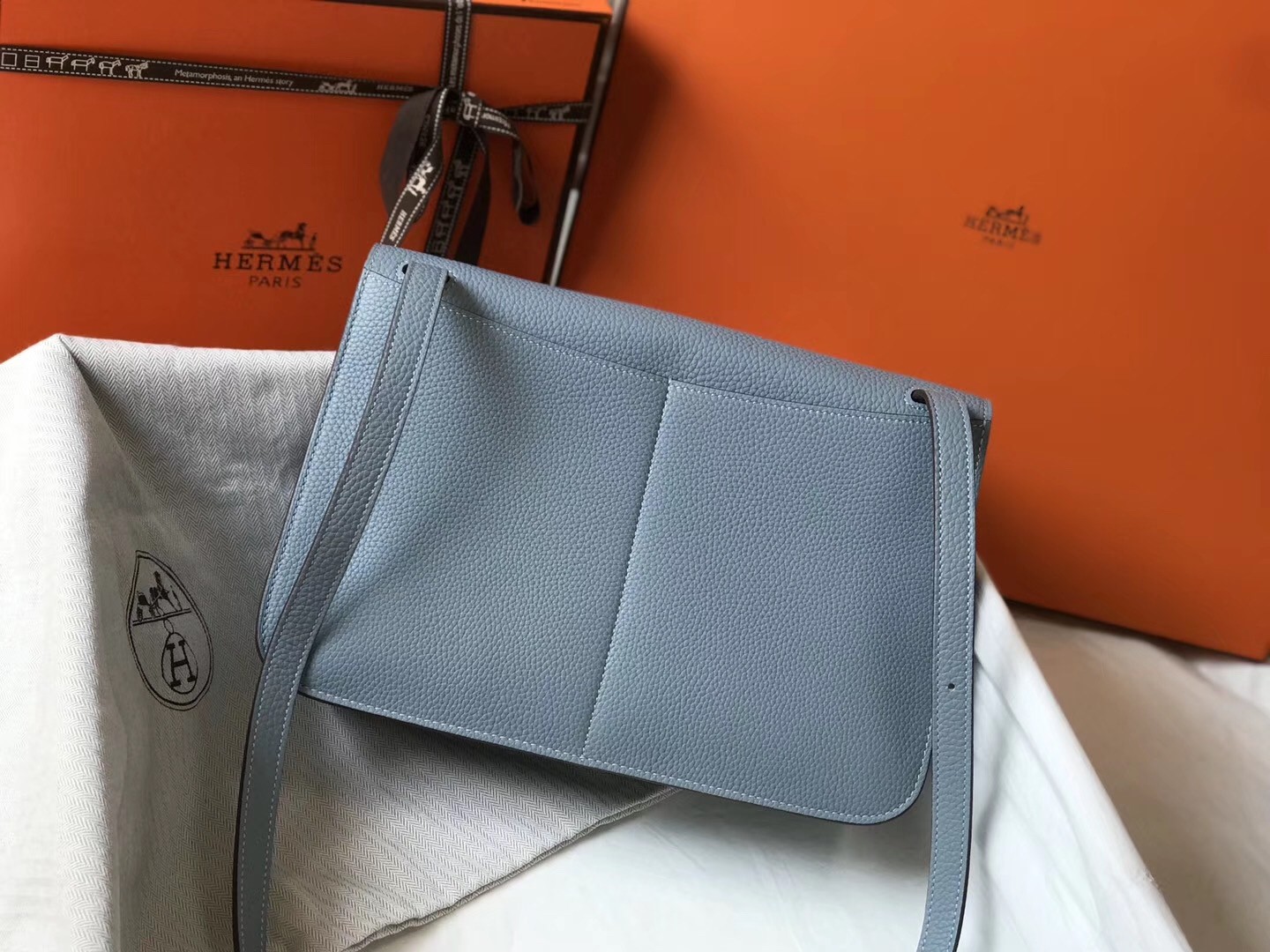 Hermes Halzan Bag In Blue Lin Clemence Leather