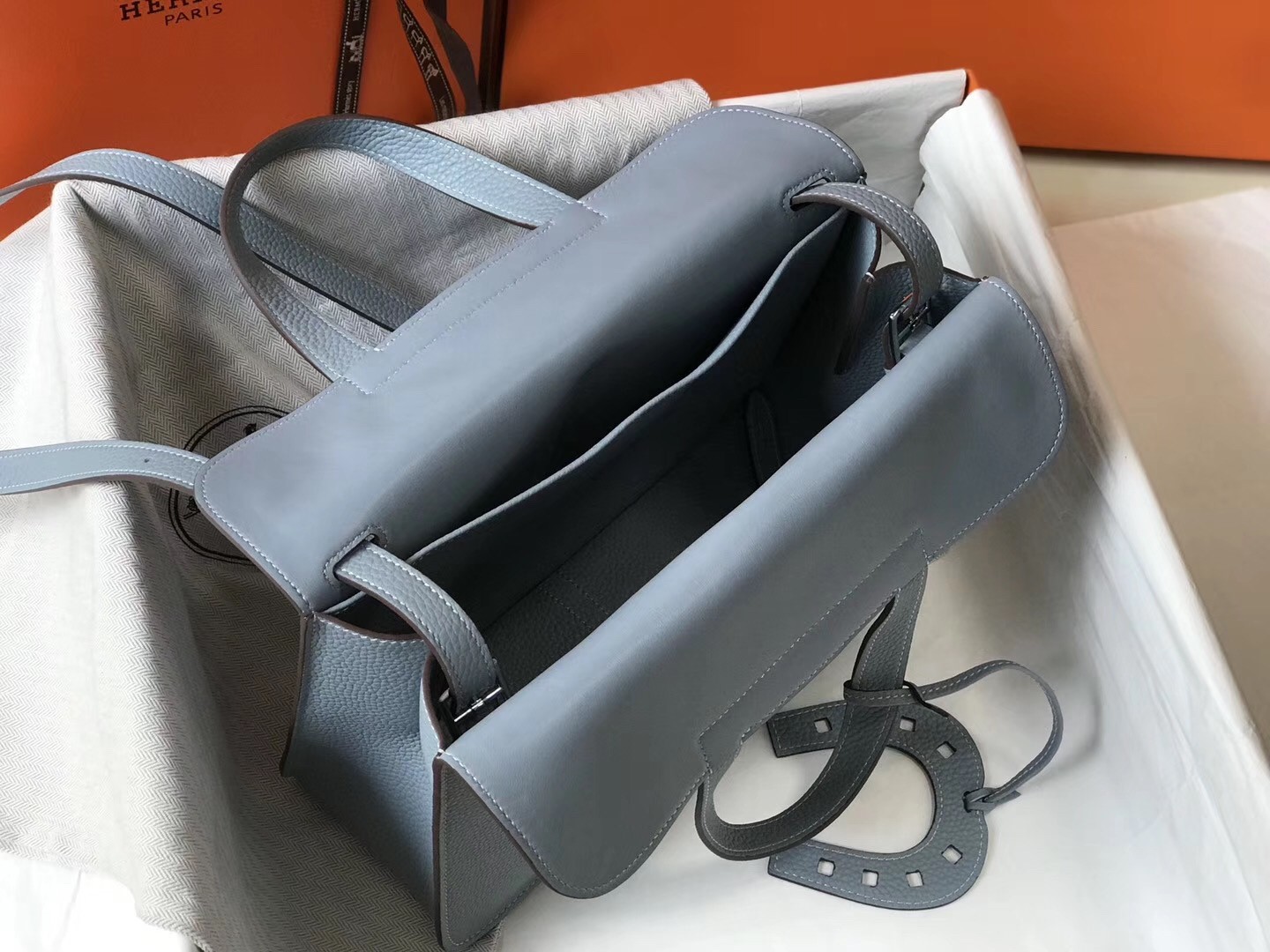Hermes Halzan Bag In Blue Lin Clemence Leather