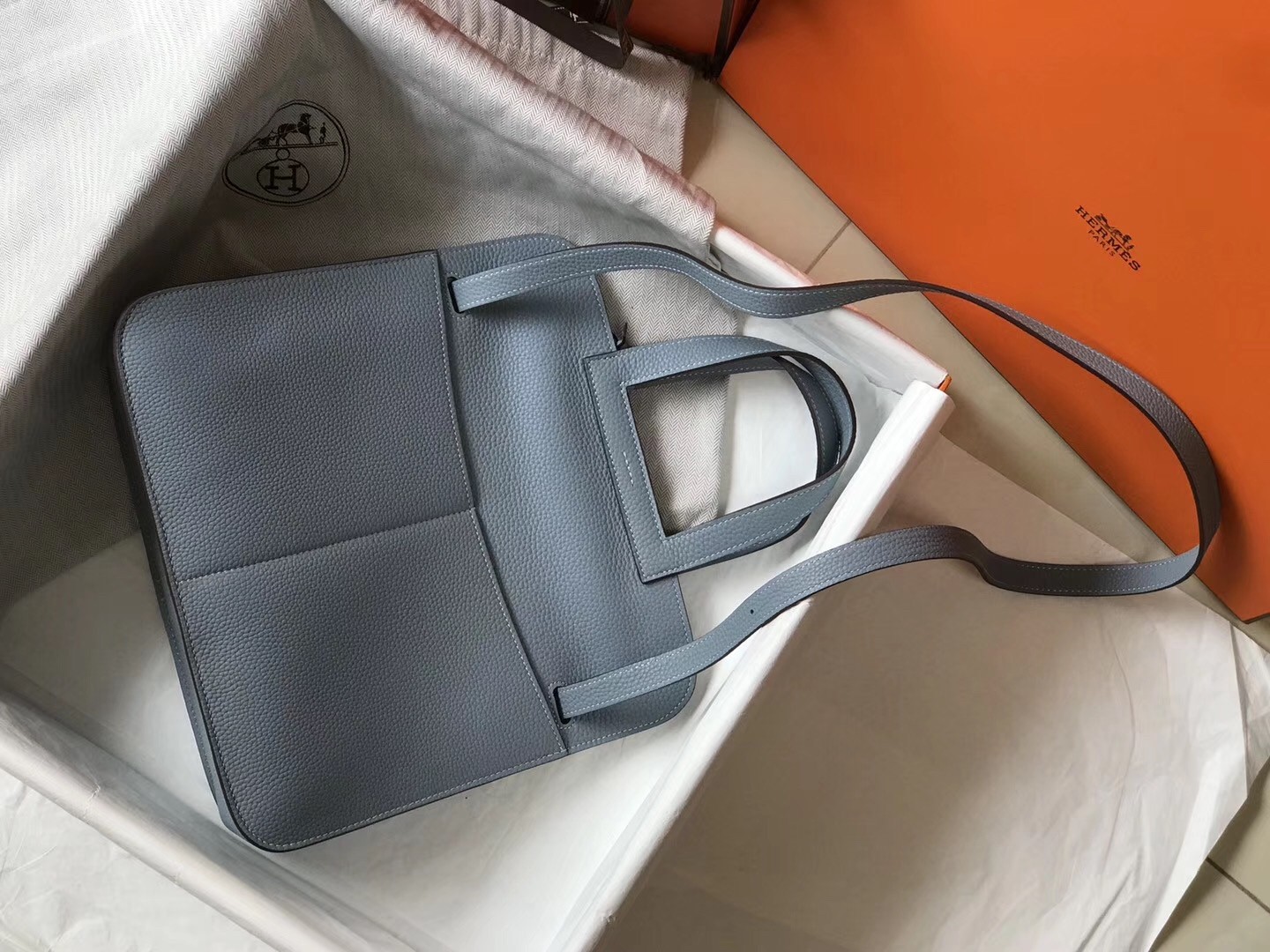 Hermes Halzan Bag In Blue Lin Clemence Leather