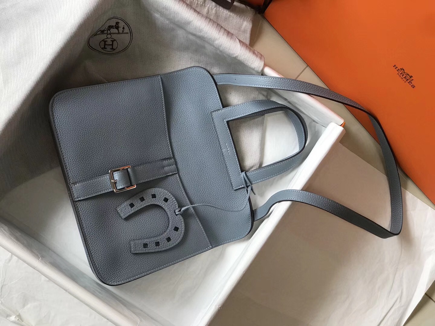 Hermes Halzan Bag In Blue Lin Clemence Leather