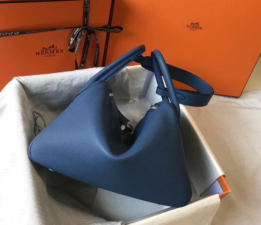Hermes Lindy 30cm Bag In Blue Agate Clemence Leather