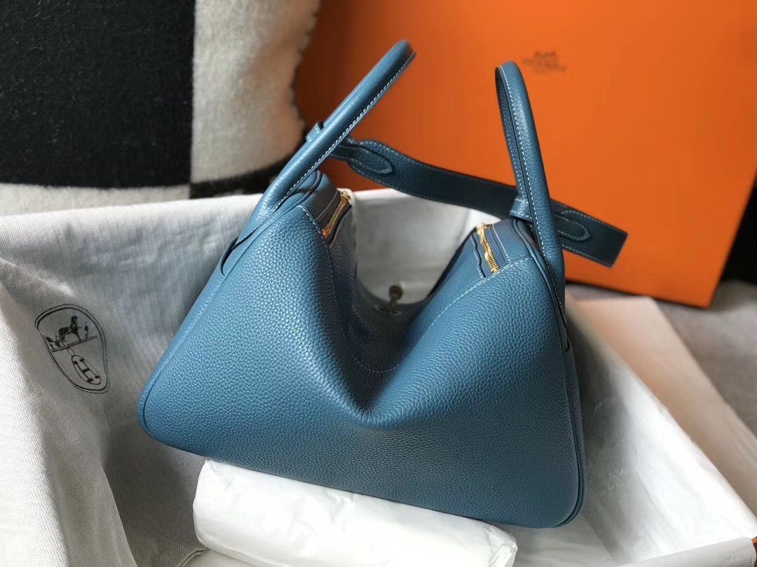 Hermes Lindy 30cm Bag In Blue Jean Clemence Leather