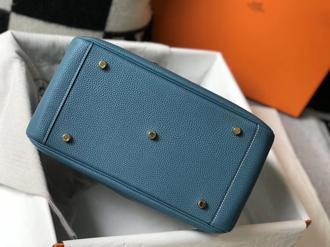 Hermes Lindy 30cm Bag In Blue Jean Clemence Leather