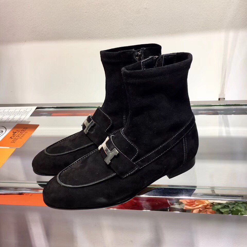 Hermes Black Suede Saint Honore Ankle Boots