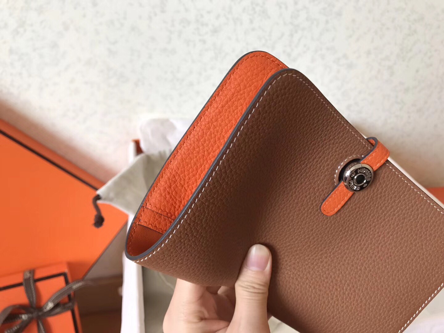 Hermes Bicolor Dogon Duo Wallet In Brown/Orange Leather