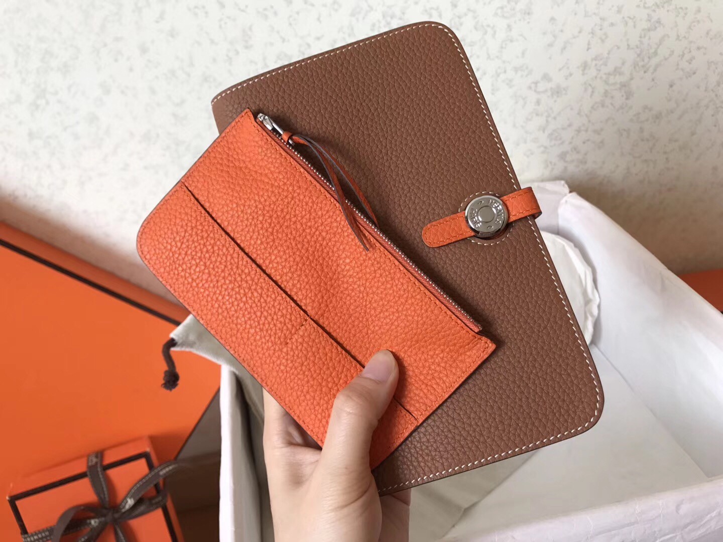 Hermes Bicolor Dogon Duo Wallet In Brown/Orange Leather