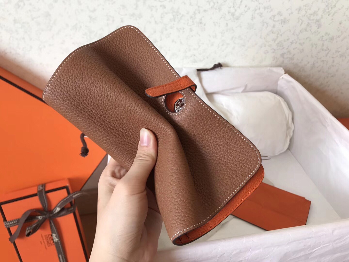 Hermes Bicolor Dogon Duo Wallet In Brown/Orange Leather