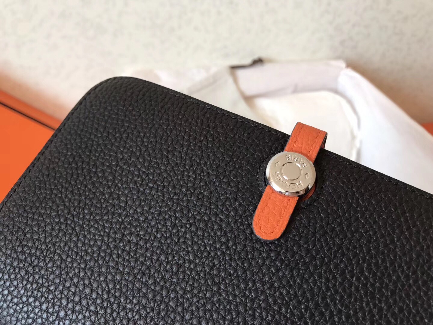Hermes Bicolor Dogon Duo Wallet In Black/Orange Leather