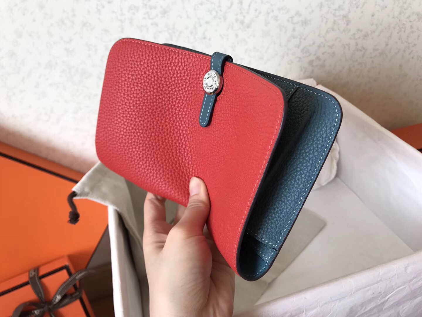 Hermes Bicolor Dogon Duo Wallet In Red/Jean Leather