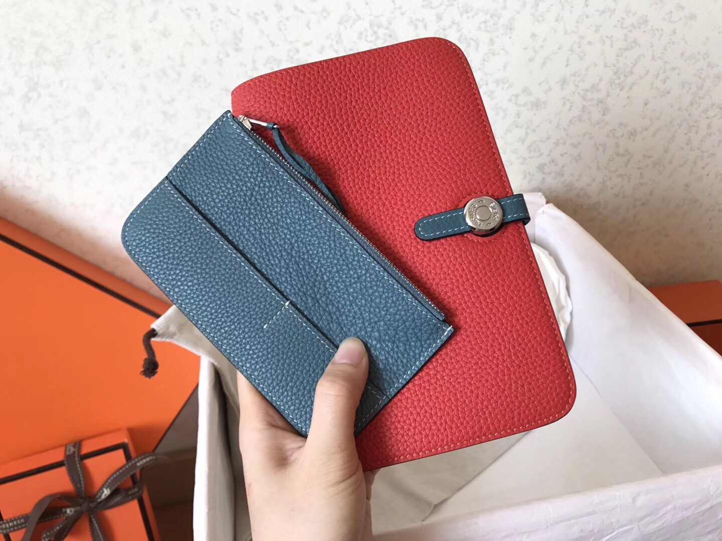 Hermes Bicolor Dogon Duo Wallet In Red/Jean Leather