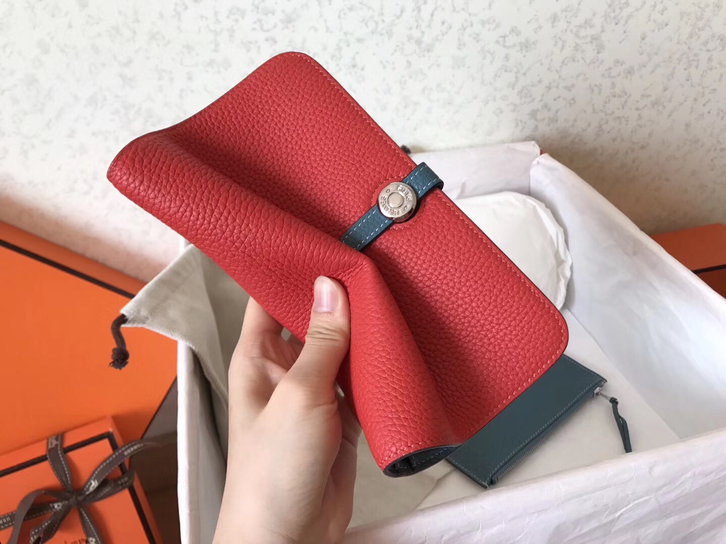 Hermes Bicolor Dogon Duo Wallet In Red/Jean Leather