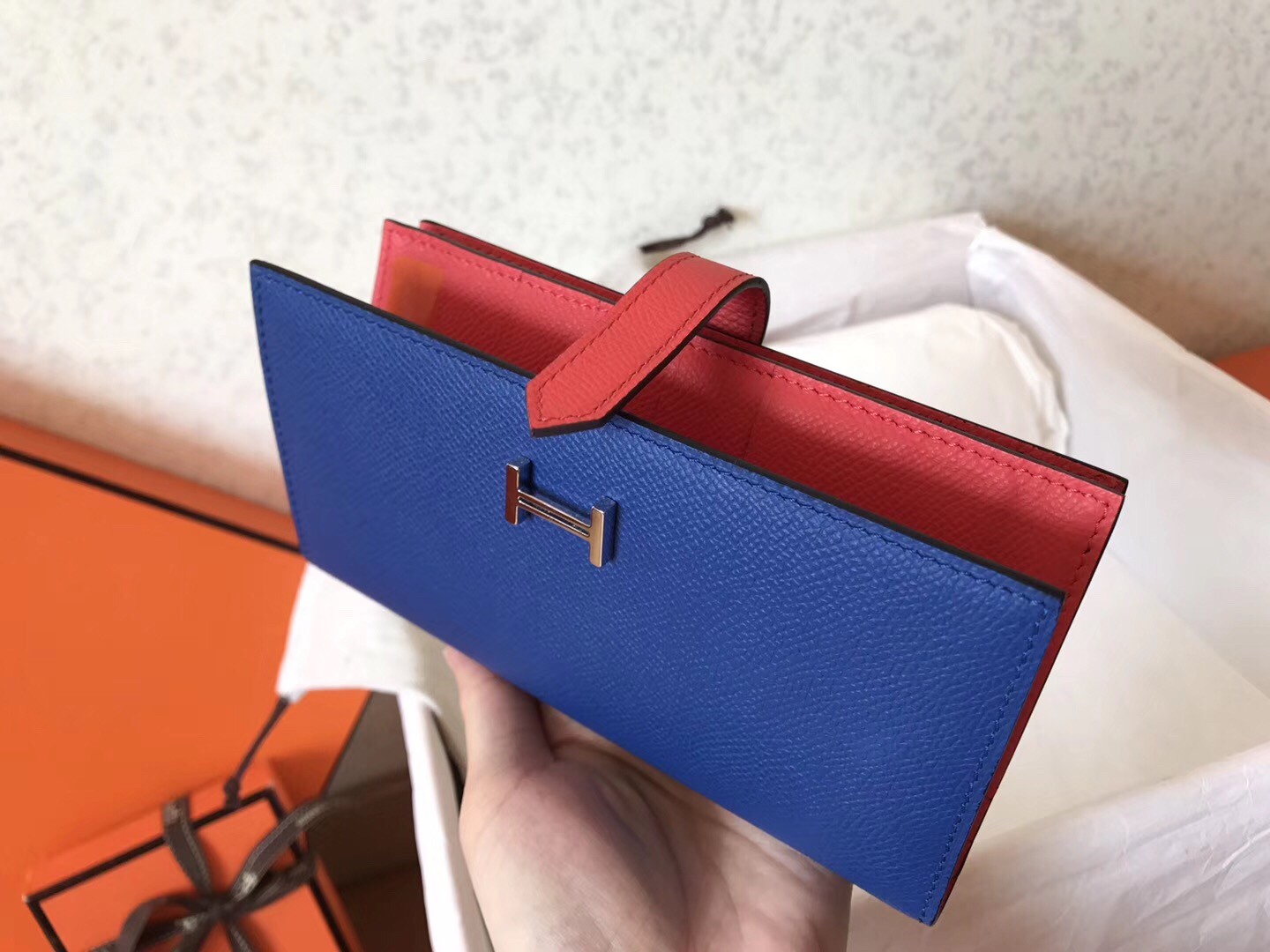 Hermes Bi-Color Epsom Bearn Wallet Electric Blue/Piment