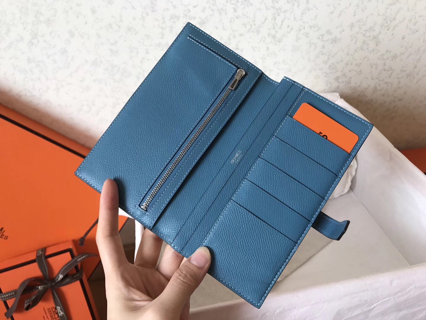 Hermes Bi-Color Epsom Bearn Wallet Orange/Blue Jean