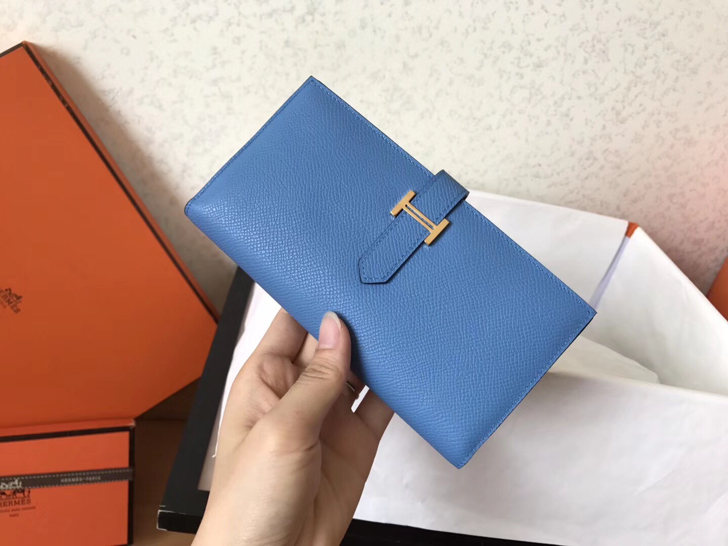 Hermes Blue Jean Epsom Bearn Gusset Wallet